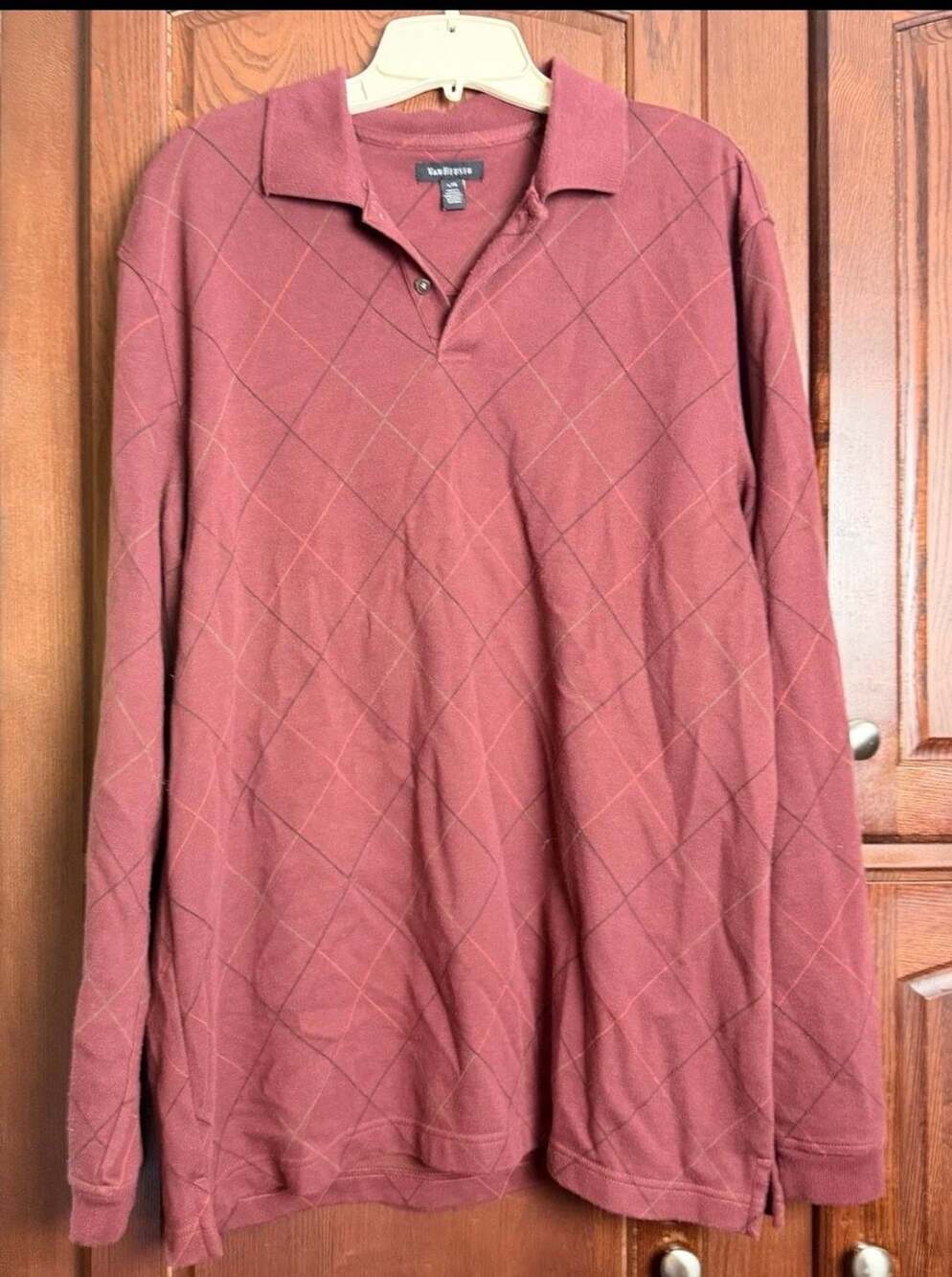 Van Heusen Long Sleeve Polo Shirt Size L Burgundy Argyle